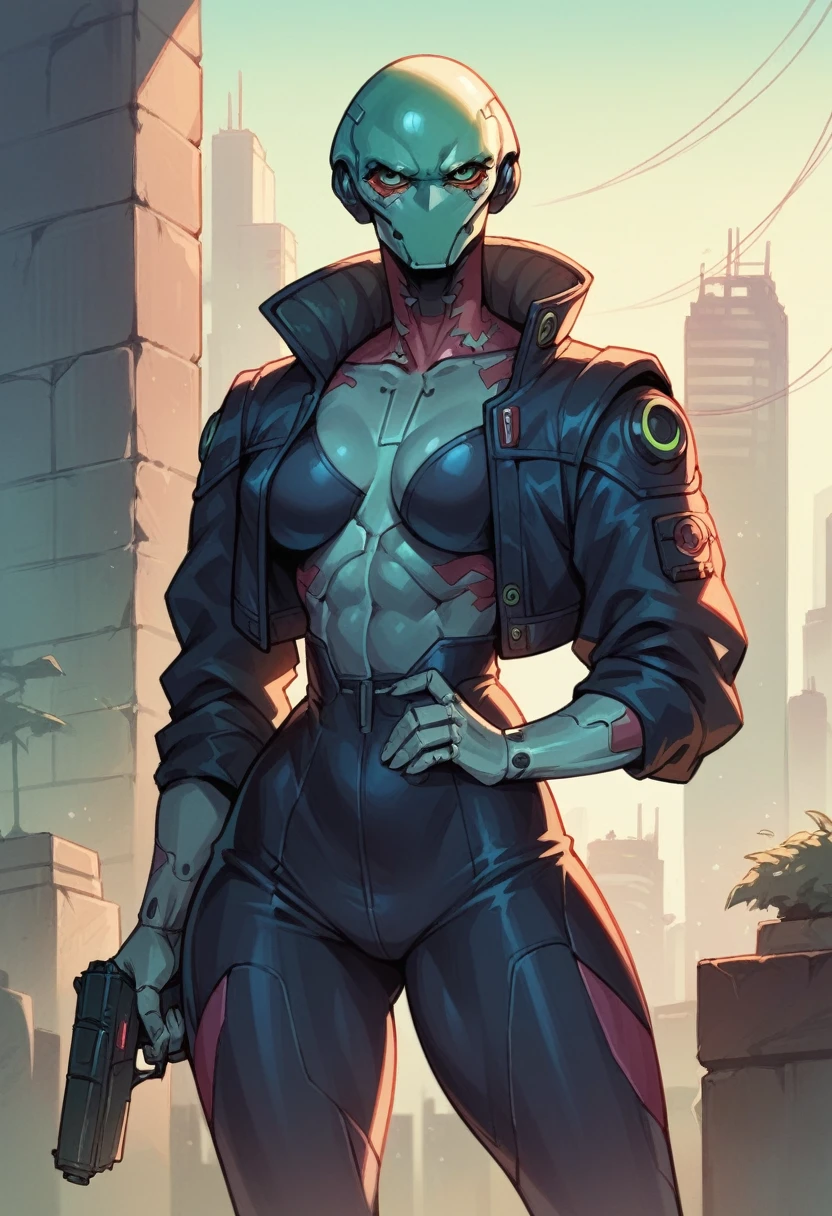 robot gothic woman,with alien helmet, holding a gun,serious look, city cyberpunk