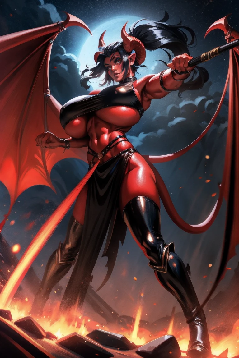 Red skin succubus tiefling, digitigrade legs, full breasts, huge breasts, black horns, wings, huge tail, black leather, crop top, long flowing pelvic curtain, tall, athletic, graceful, thin, long black ponytail. Action scene, whip. Dark scene, explosions, night sky.
