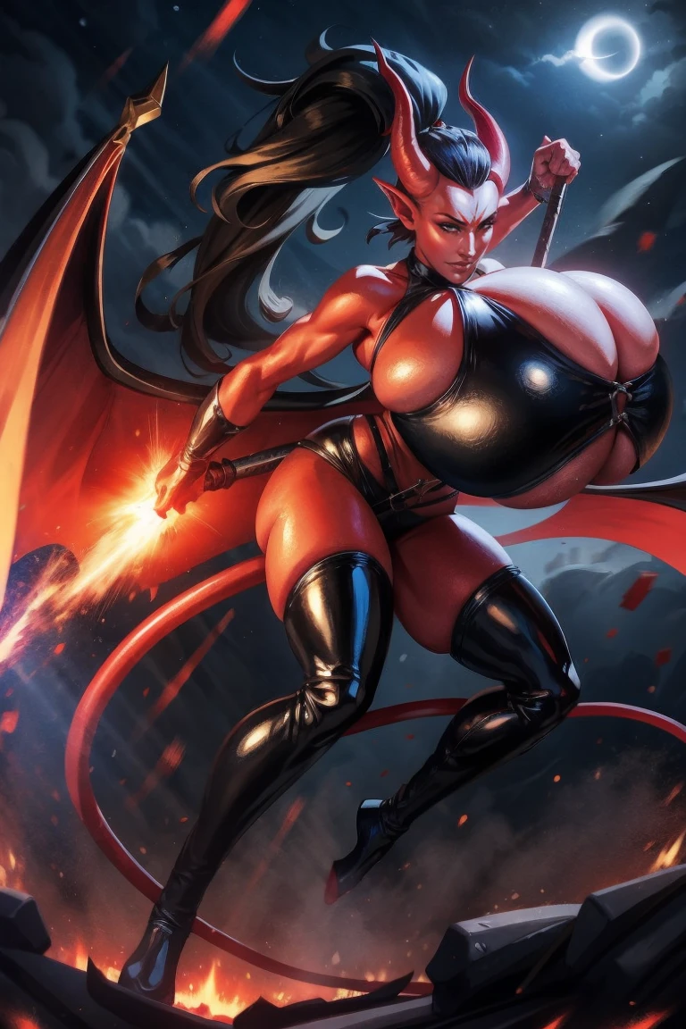 Red skin succubus tiefling, digitigrade legs, full breasts, huge breasts, black horns, wings, huge tail, black leather, crop top, long flowing pelvic curtain, tall, athletic, graceful, thin, long black ponytail. Action scene, whip. Dark scene, explosions, night sky.