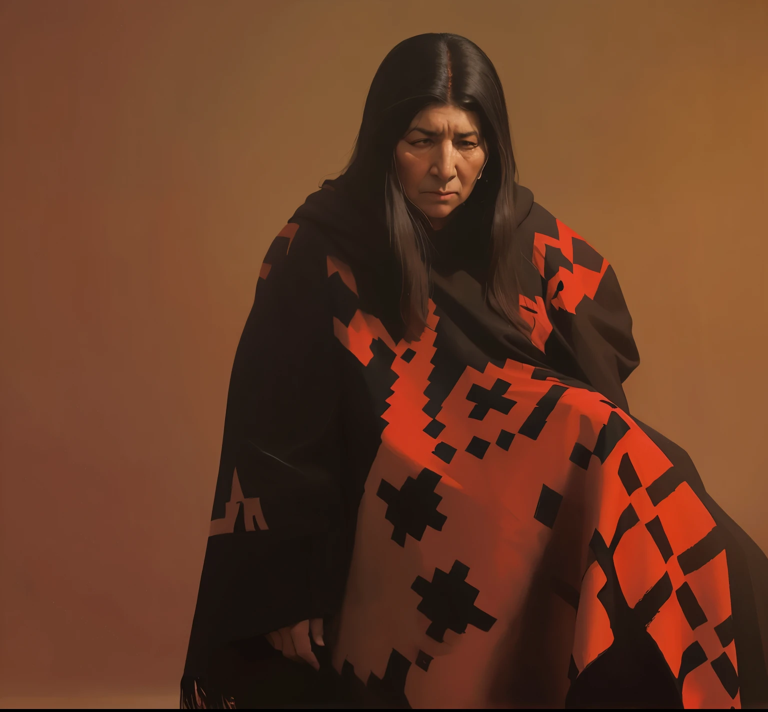 Mercedes Sosa, the great interpreter of Argentine folk music and Latin American songs, her straight black hair, facing the ground, with her red poncho with black guards, symbolic of the aboriginal currents of the continent.
