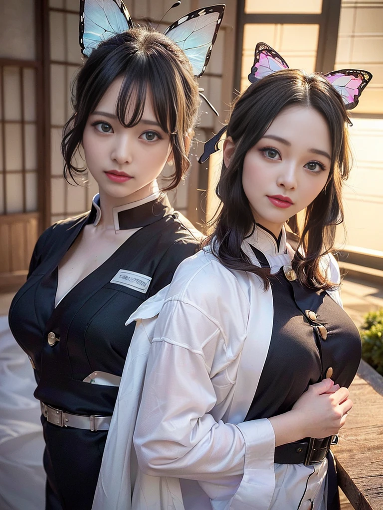 Tolerate, Demon slayer, Shinobu Kocho, anime, 22 years old, ((Butterfly themed costume, A black haori coat with a butterfly pattern, Brown full-body military uniform)), ((Tolerateコスプレ)), ((A very cute caucasian 22 years old mom cosplaying shinobu), ((Blur the background)), 1 Girl, Wide range photograph撮影, Wide range, (Mature Woman), Long and beautiful face, Clear Face, Realistic Face, True Face, Absolute reality, ((Hot body)), ((Demon slayer dress)), ((Demon slayer)), ((Tolerateドレス)), ((Cosplay Dresses)), Huge , Covered, (((Realistic))), ((Dress neatly)), waist curve pose, surface side, (8K, RAWphotograph, Highest quality, masterpiece), (Realistic, Realistic: 1.9), ((Full Body Shot)), Stylish pose, ((Highly detailed skin: 1.2)), ((Realistic: 1.9)), photograph, masterpieces, Highest quality, (Beautiful Blue Eyes, Gorgeous pale gray black curly hair, White skin, Thick body, Coarse hairs on lower abdomen, perfect slim figure), Various poses, Highly detailed face, Fine grain, Many people are looking at her with excitement., (((close))), Light of the sun, Cinematic, ((photograph撮影)), photograph