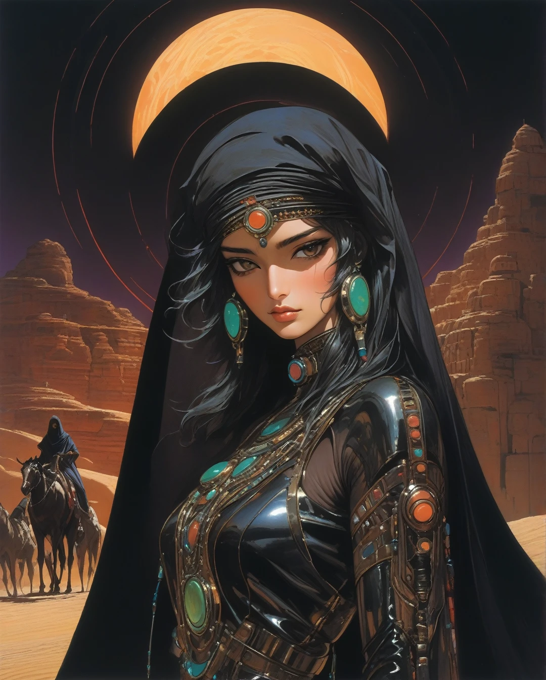 amano yoshitaka,  Art style by Noriyoshi Ohrai, Hajime Sorayama, Hiroshi Nagai, (Masterpiece, Top Quality, Super Deatail, High Resolution, Best Illustration), "An exceptional Saudi Arabian Bedouin female warrior adorned in a sleek, black metallic mechanical suit, seamlessly blending traditional Bedouin elements with cutting-edge cyberpunk aesthetics. The scene is set against a backdrop of a dark, dystopian sci-fi landscape, with neon-lit deserts and futuristic cityscapes. The art style echoes the retro 1980s, capturing the essence of that era's vibrant color palette and bold design. The composition should evoke a sense of mystery and power, with intricate details highlighting the fusion of ancient Bedouin culture and advanced technology."
