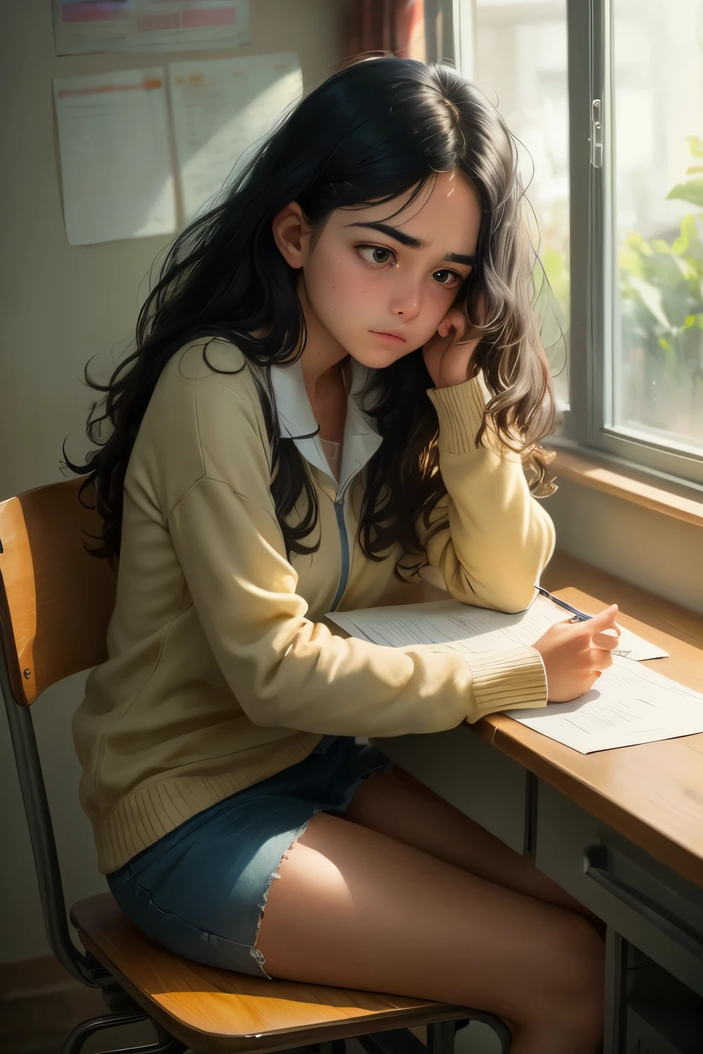 ((best quality)), ((masterpiece)), (detailed), An illustration of a long black haired teenage girl sitting at a desk looking at her report card with a disappointed expression on her face