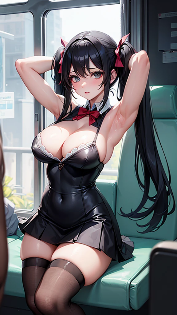 The best super busty、Black Hair、Cleavage、Miniskirt、Thighs、high resolution、Ultra HD、Knee socks、Absolute area、train、seat、Armpit、Close-up、Voyeur style、両Armpit上げ、No sleeve、Sexy、Long Hair、high school girl、Twin tails