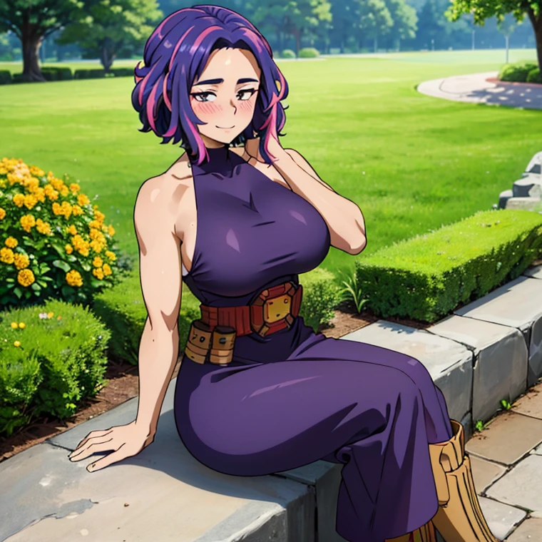 1girl, alone, lady nagant,(best quality, ultra detailed), ((full-face blush)), (detailed background:1.2), (perfect face, detailed face), looking at viewer, (mature female:1.4), smile lady_nagant, large breasts, short hair, sleeveless, streaked hair, bare shoulders, medium hair, belt, dress, purple hair,multicolored hair ,boots (garden, outdoors, sitting), perfect hands, perfect anatomy ((en bikini de color blanco "se resalte  las tetas" y  toda mojada)) cara de excitada 