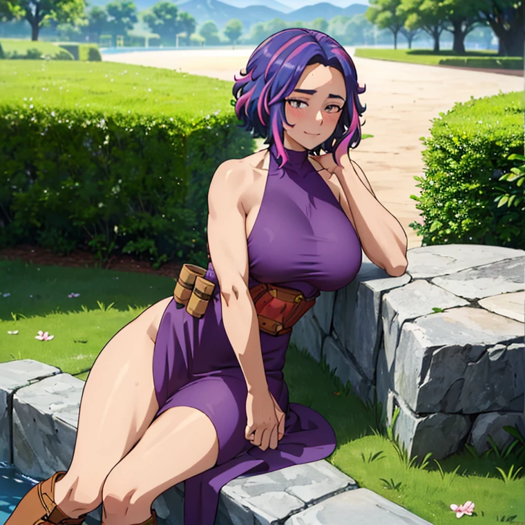 1girl, alone, lady nagant,(best quality, ultra detailed), ((full-face blush)), (detailed background:1.2), (perfect face, detailed face), looking at viewer, (mature female:1.4), smile lady_nagant, large breasts, short hair, sleeveless, streaked hair, bare shoulders, medium hair, belt, dress, purple hair,multicolored hair ,boots (garden, outdoors, sitting), perfect hands, perfect anatomy ((en bikini de color blanco "se resalte  las tetas" y  toda mojada)) cara de excitada 