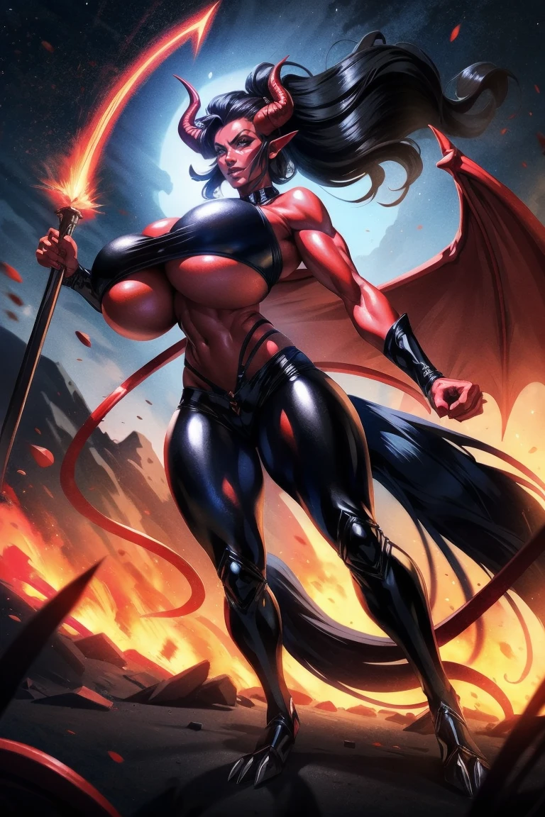 Red skin succubus tiefling, digitigrade legs, full breasts, huge breasts, black horns, wings, huge tail, black leather, crop top, long flowing pelvic curtain, tall, toned, graceful, thin, long black ponytail. Action scene, whip. Dark scene, explosions, night sky.