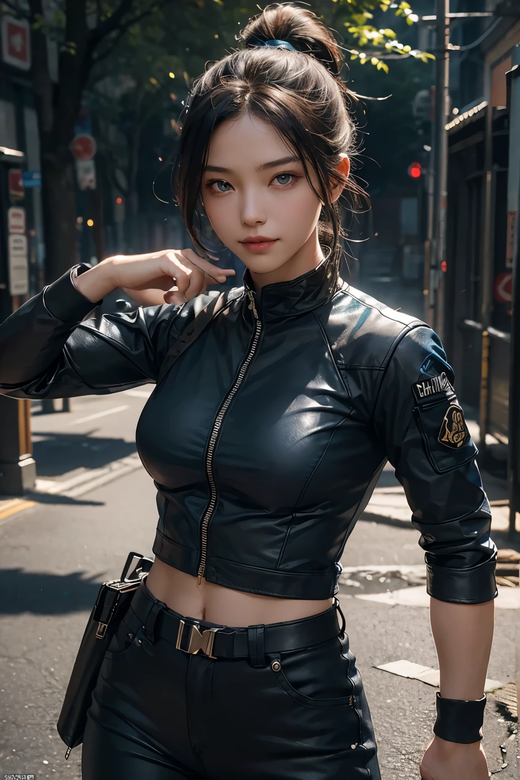 8K,younger sister,so beautiful(Like the real thing),Toned, muscular body,sexy,clear narrow eyes,black eye,Cool smile,Blue combat jacket,Black Shirt,Black combat pants,short,Compensate,Ultra-Realistic Skin,compensate,masterpiece,Photorealistic RAW photos of the highest quality。Bright colors,Rich colors, Backlight, Cinema Lighting, Film Grain, 50mm lens, Nikon D850,Detailed character art,Fantasy art,Ultra-high resolution,Ultra-Realistic Skin,完璧なhandの形,In front of the abandoned temple,Beautiful expression,close,Very small breasts,Muscular Beauty,Dynamic fighting pose,ponytail,hand