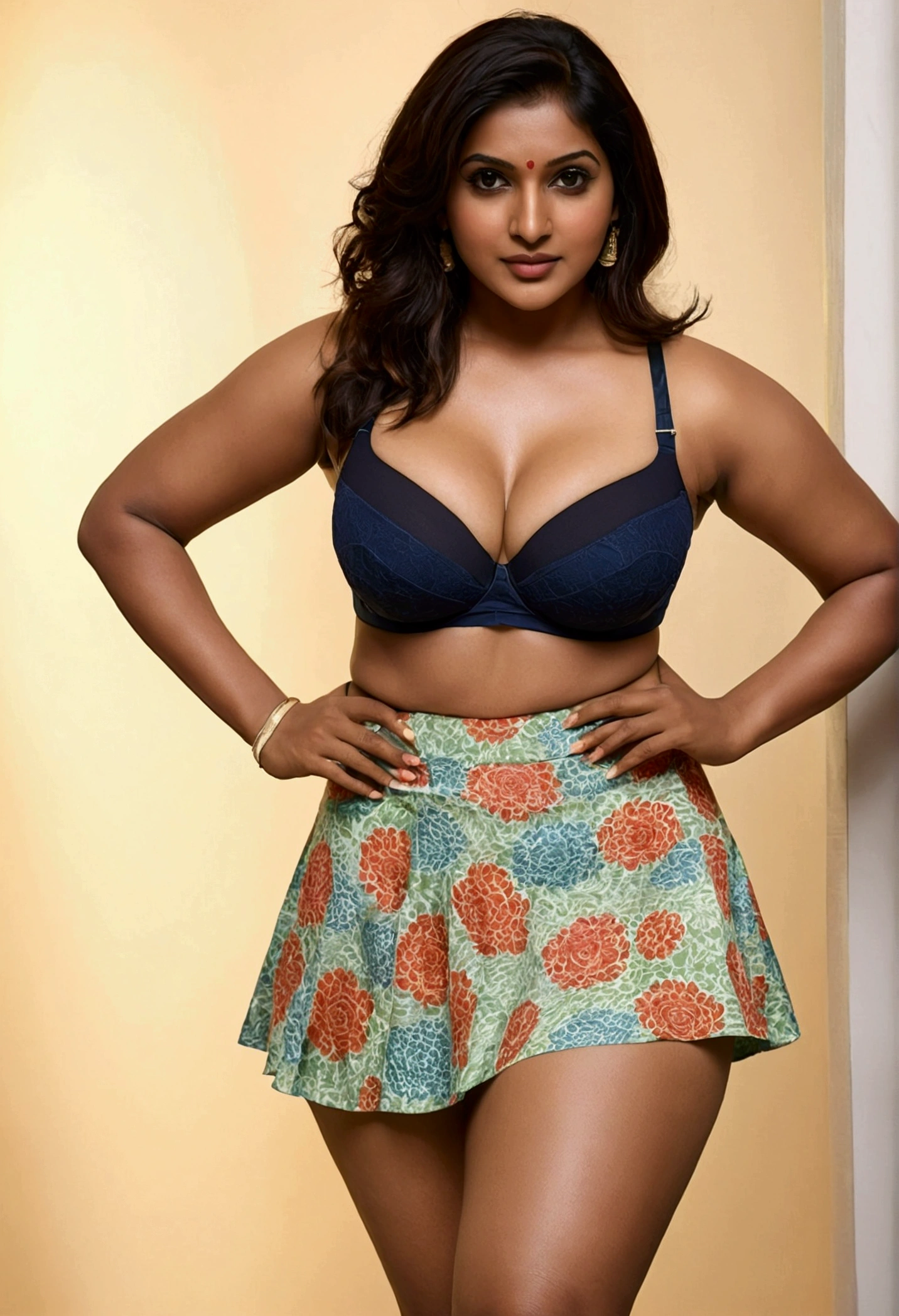 a close up of a indian samantha woman in a short skirt and a bra, a picture by Harrington Mann, instagram, happening, curvy hourglass figure, thicc, hourglass figure, exposed thighs!!!, shapely, shapely derriere, wide hips, in shorts, thighs, large thighs, as though she is dancing, curvy figure, thighs!!!!!!, thick legs,nsfw