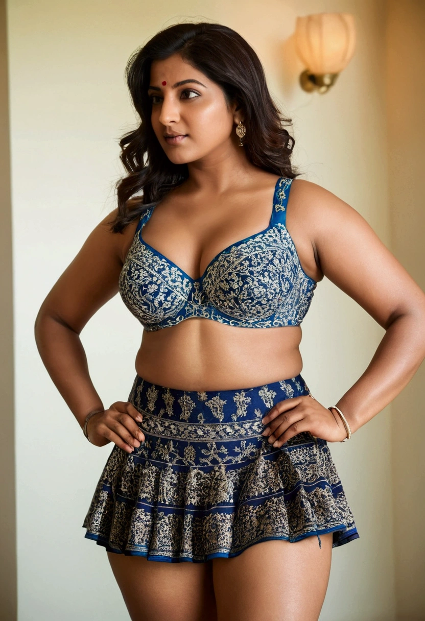 a close up of a indian samantha woman in a short skirt and a bra, a picture by Harrington Mann, instagram, happening, curvy hourglass figure, thicc, hourglass figure, exposed thighs!!!, shapely, shapely derriere, wide hips, in shorts, thighs, large thighs, as though she is dancing, curvy figure, thighs!!!!!!, thick legs,nsfw