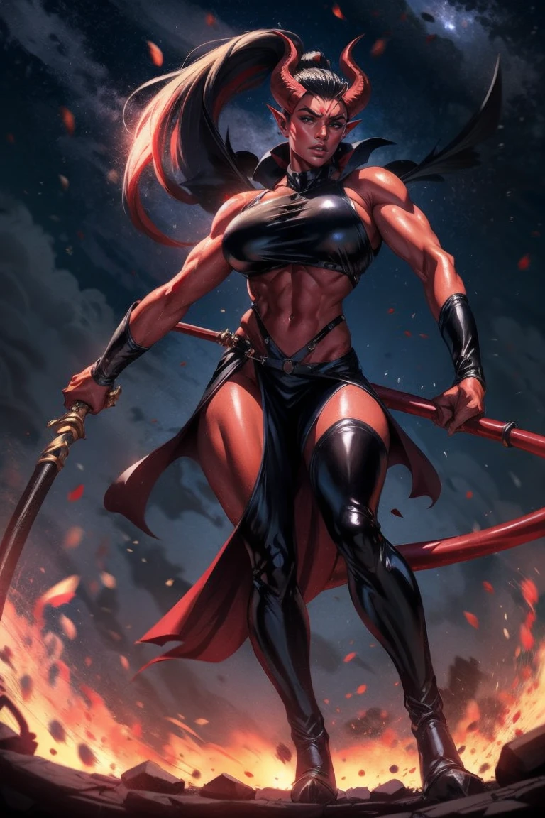 Red skin succubus tiefling, digitigrade legs, full breasts, medium breasts, black horns, wings, huge tail, black leather, crop top, long flowing pelvic curtain, tall, toned, graceful, thin, long black ponytail. Action scene, whip. Dark scene, explosions, night sky.