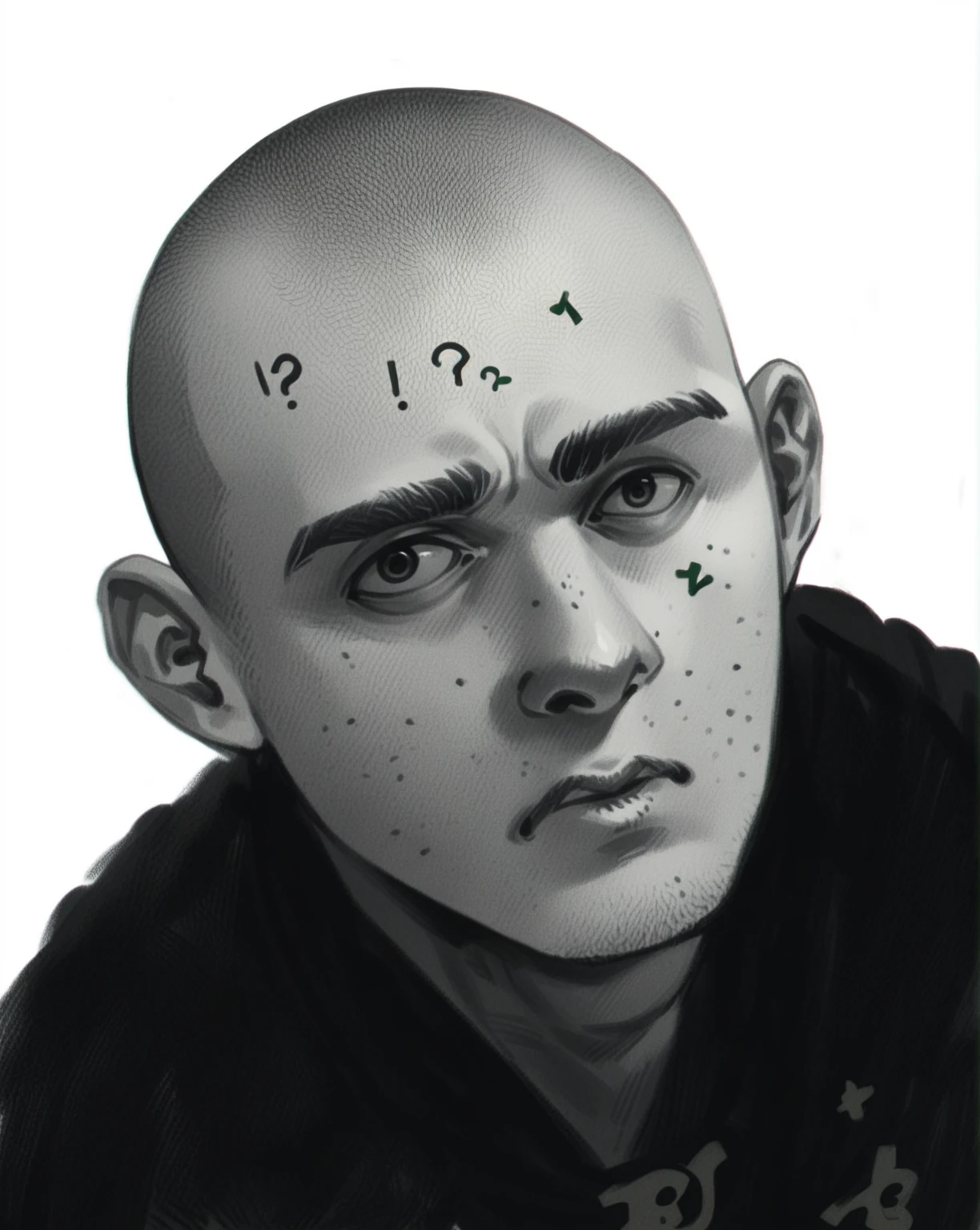 punctuation_9, punctuation_8_High above, punctuation_7_High above, punctuation_6_High above, punctuation_5_High above, punctuation_4_High above, 1 men, shaved head, workshop, outline, curved, black ink