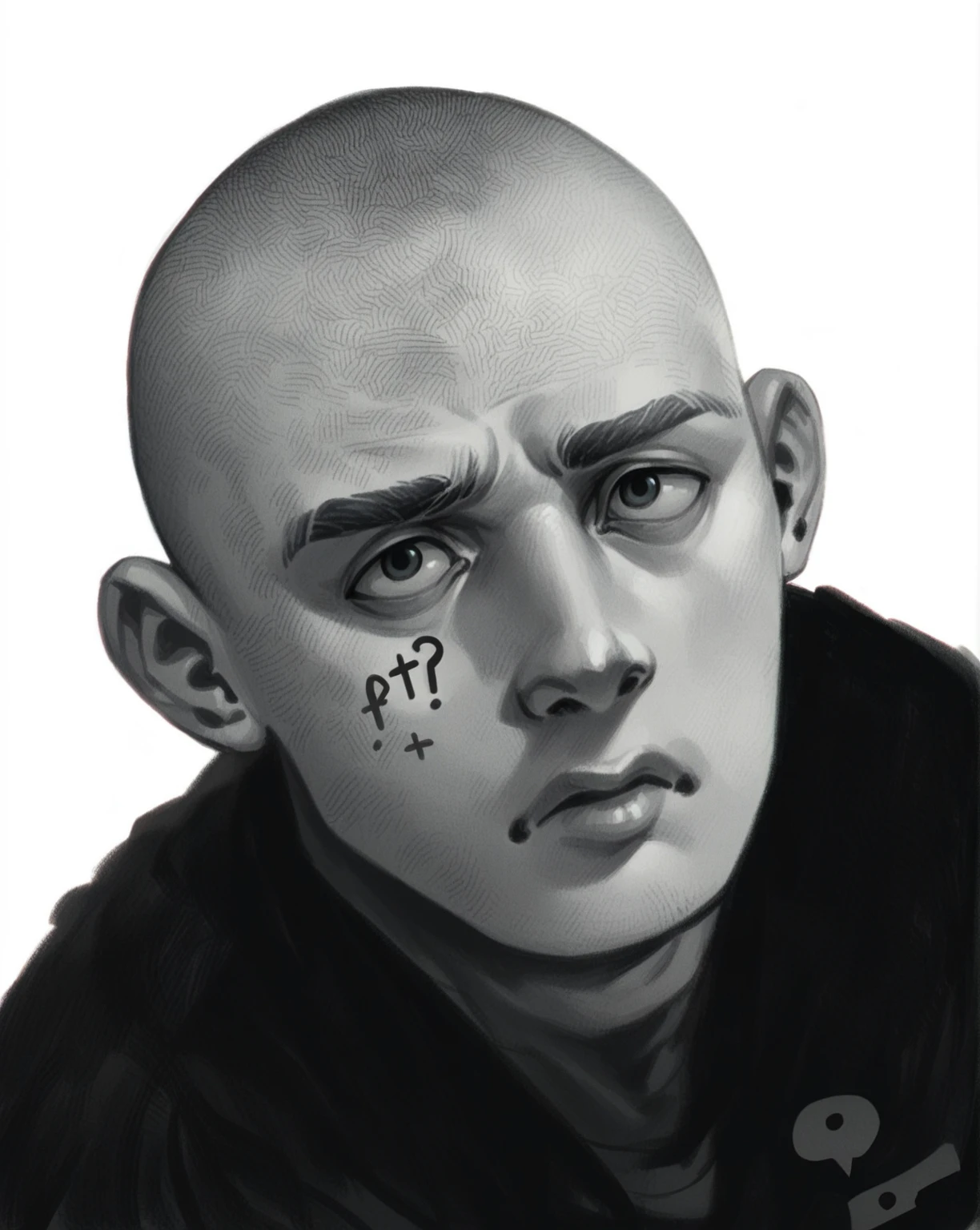 punctuation_9, punctuation_8_High above, punctuation_7_High above, punctuation_6_High above, punctuation_5_High above, punctuation_4_High above, 1 men, shaved head, workshop, outline, curved, black ink