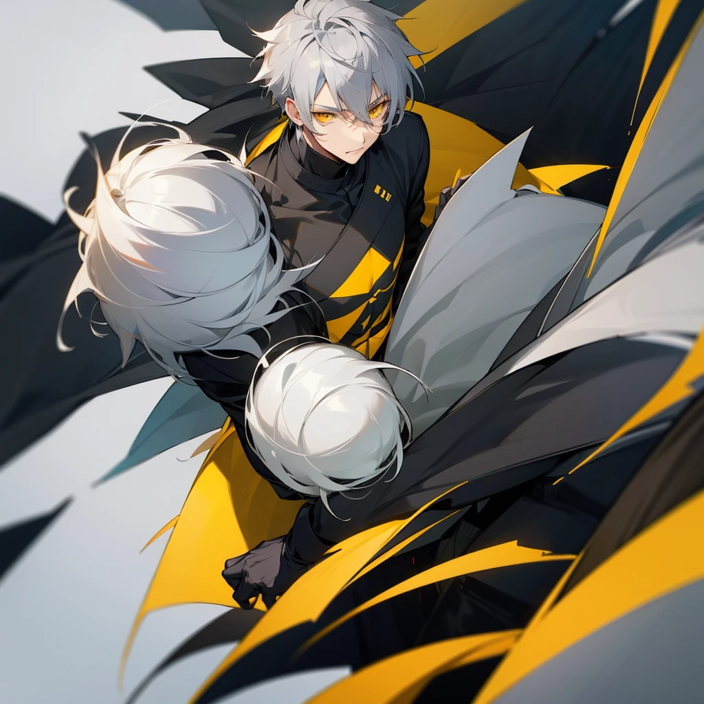 Male character with gray hair and yellow eyes and black clothes 