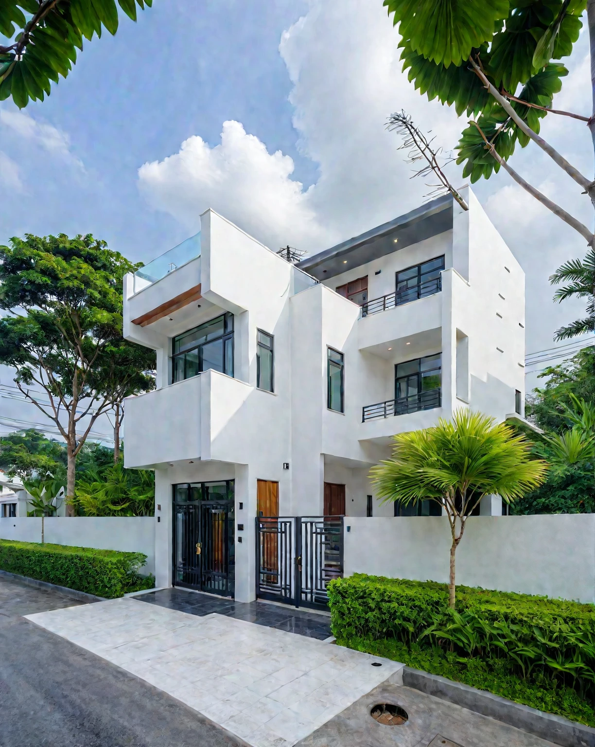 RAW photo, a photo of a modern villa, sidewalk, sidewalk trees, steel gate, road, viet nam modern residence, a car parked in front of it, rough white wall, new residential area, wide angle exterior 2022, contemporary house, exterior photography, masterpiece, contemporary architecture, overcast, indirect lighting