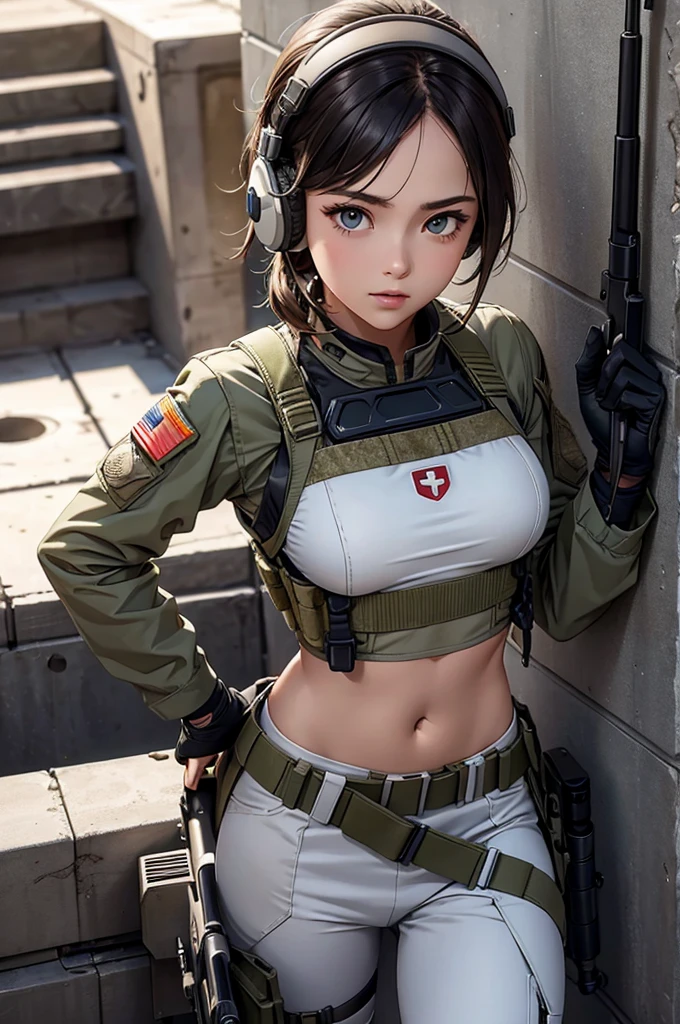 Woman in white holding a rifle and wearing headphones, 24 year old woman, young soldier, mechanized young soldier, Military Girl, beautiful female soldier, Female lead character, Military Girlราบ, Girl's sniper at war, solo female character, Future combat equipment, Half-body close-up, Woman wearing military bulletproof crop top, Show navel, Wear tactical equipment, Wear tactical armor., realistic navel shape