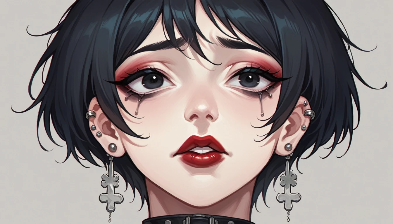 (masterpiece), best quality, expressive eyes, black eyes, perfect face, nana, short hair, black hair, earrings, piercing, lipstick, collar, makeup, ear piercing,cigarete,sadness,sexy,sorrow