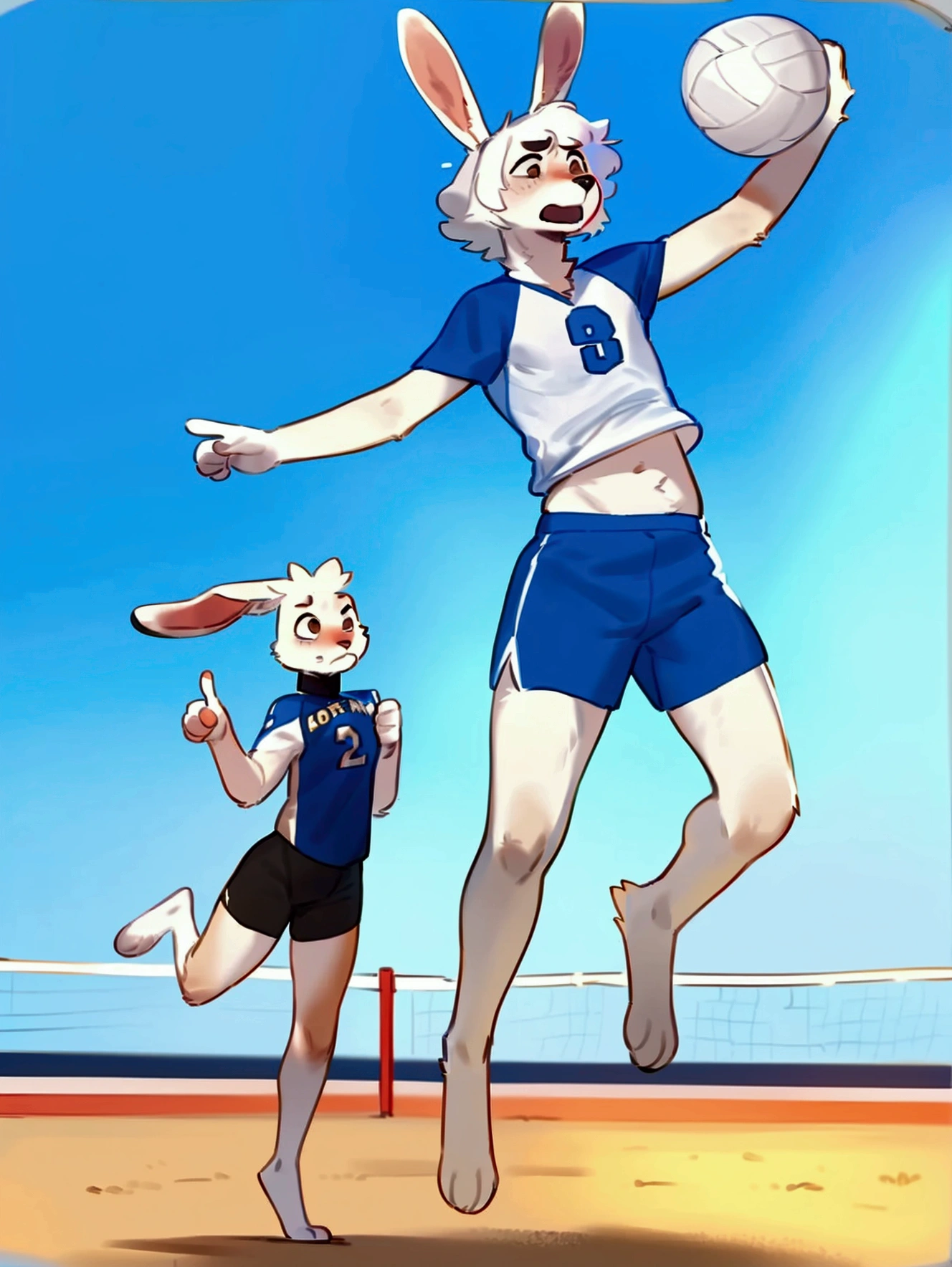 By bebebebebe, by lostgoose, by goonie-san, furry, male, bunny, frustrated, angry, small, brown eyes, fit, slim, white fur, curly white hair, jersey, shorts, volleyball, stadium background, jumping, right arm behind head, left arm pointing up, legs bent, facing camera