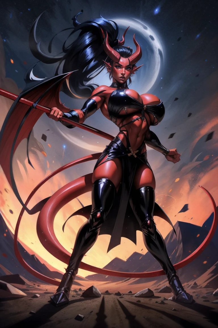 Red skin succubus tiefling, digitigrade legs, full , medium breasts horns, wings, huge tail, black leather, crop top, long flowing pelvic curtain, tall, toned, graceful, thin, long black ponytail. Action scene, whip. Dark scene, explosions, night sky.