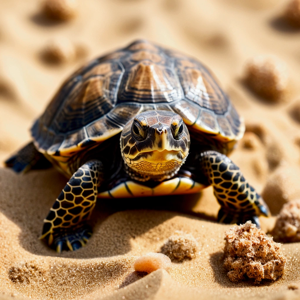 One baby turtle crawling in sand, cute, detailed,