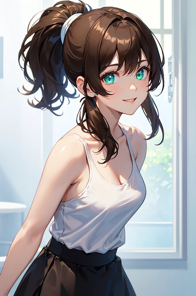 baby face, (short brown fluorescence hair:1.5,ponytail hair:1.5), (masterpiece, sidelights, exquisite beautiful eyes: 1.5), masterpiece*portrait,(cute face),front view: 1.6、 (glowing green eyes:1.2),plump face:1.5,(tareme:1.5)、(seductive smile:1.2),Rosy Mouth,Slim Body,abs, shiny hair, visible belly, shiny skin: 1.5、medium breasts,cleavage、solo,,(stand)、(white tank-top and black skirt)、(charactor focus:1.5、portlate、upper body),stage,