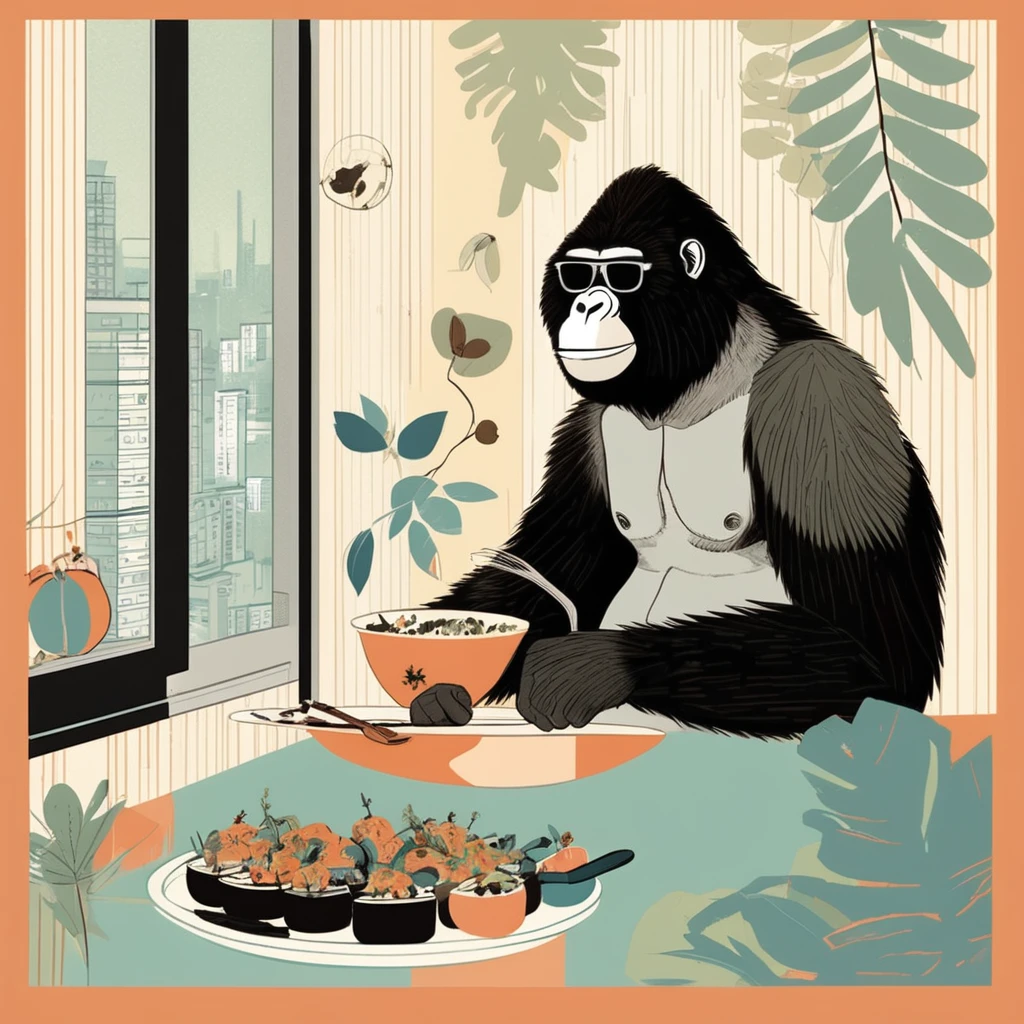 gorilla-like , sweet,art by Sophie Roach , art by Jon Klassen , art by Michael Cho , art by Sophie Roach、sunglasses,cooking,city、party