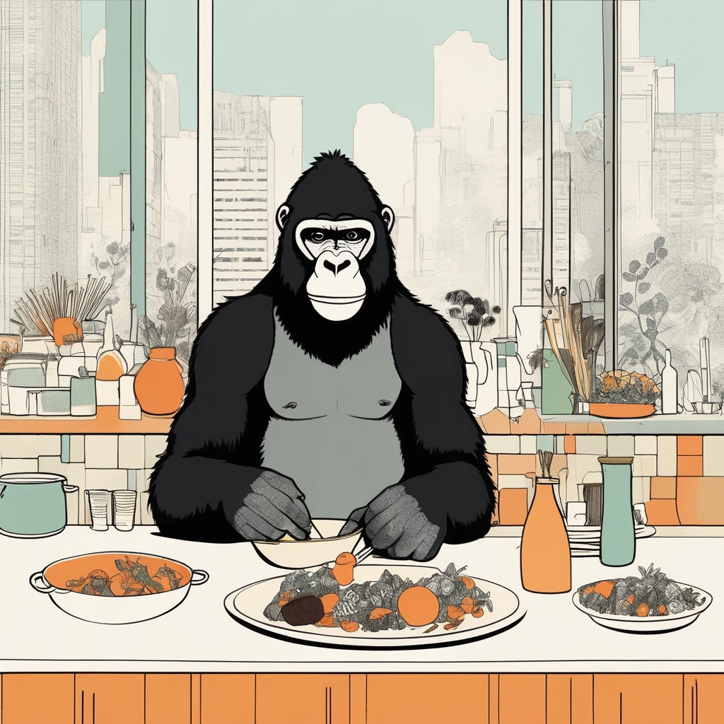 gorilla-like , sweet,art by Sophie Roach , art by Jon Klassen , art by Michael Cho , art by Sophie Roach、sunglasses,cooking,city、party