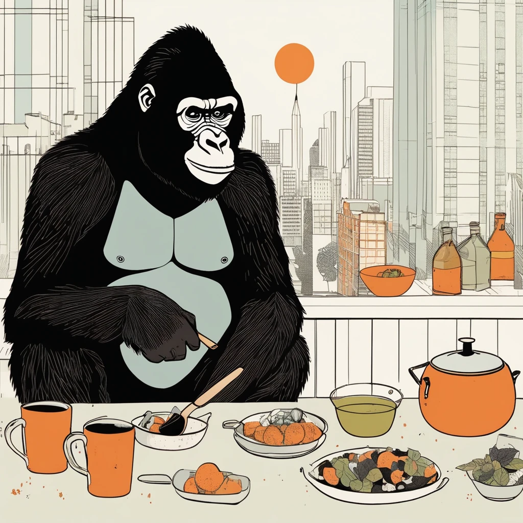gorilla-like , sweet,art by Sophie Roach , art by Jon Klassen , art by Michael Cho , art by Sophie Roach、sunglasses,cooking,city、party