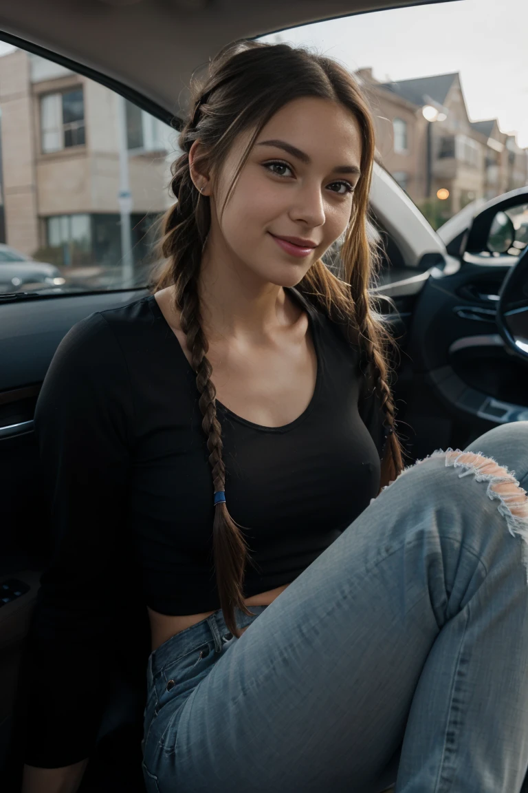 a young woman, in a black top, full body , beautiful detailed eyes, beautiful detailed lips, wears long, Wears light brown tight jeans with holes in the jeans, her hair is braided, it is evening, sitting in her car with a smile, her hair is tied together, close up of face
