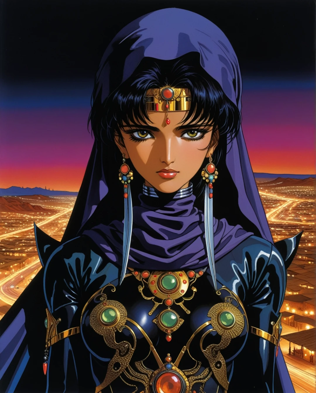 amano yoshitaka,  Art style by Noriyoshi Ohrai, Hajime Sorayama, Hiroshi Nagai, (Masterpiece, Top Quality, Super Deatail, High Resolution, Best Illustration), "An exceptional Saudi Arabian Bedouin female warrior adorned in a sleek, black metallic mechanical suit, seamlessly blending traditional Bedouin elements with cutting-edge cyberpunk aesthetics. The scene is set against a backdrop of a dark, dystopian sci-fi landscape, with neon-lit deserts and futuristic cityscapes. The art style echoes the retro 1980s, capturing the essence of that era's vibrant color palette and bold design. The composition should evoke a sense of mystery and power, with intricate details highlighting the fusion of ancient Bedouin culture and advanced technology."