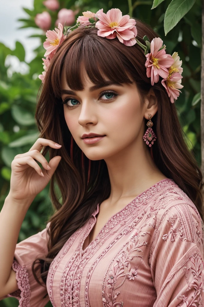 (absurdities, high resolution, ultra detailed), 1 girl, mature woman, by the wavy red, wide, blunt bangs, green eyes, pink dress, finely detailed eyes and detailed face, Extremely detailed CG unity 8k wallpaper, intricate details, BREAK , kaleidoscopic images, symmetrical patterns, vibrant colors, geometric forms, fascinating designs, Optical illusions, BREAK dynamic composition , pantomime art, Expressive body language, silent narration, evocative gestures, visual narratives, theatrical performances REST , flowers blooming, colored petals, fragrant aromas, the bounty of nature, vibrant gardens, peaceful landscape