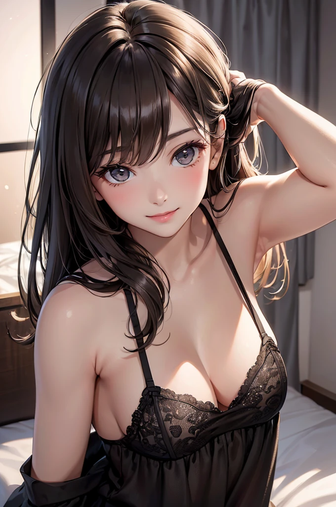 Best Quality,High resolution,8K,finelity detailed background,Masterpiece:1.2),beautiful girl,Shiny brown hair,crossed bangs,Brown eyes,Gentle look,A refreshing look,smile,Best quality,Best Quality,Aesthetic and aesthetic:1.2,Best details((Super detailed))(High-definition CG illustrations),Upper Body,Dark grey underwear, (dark gray),Slender body,night,moon,Bedroom,On the bed,smile,blush,cute,Scrounge,Looking up,Being spoiled,super model,wariza,shoot from,below