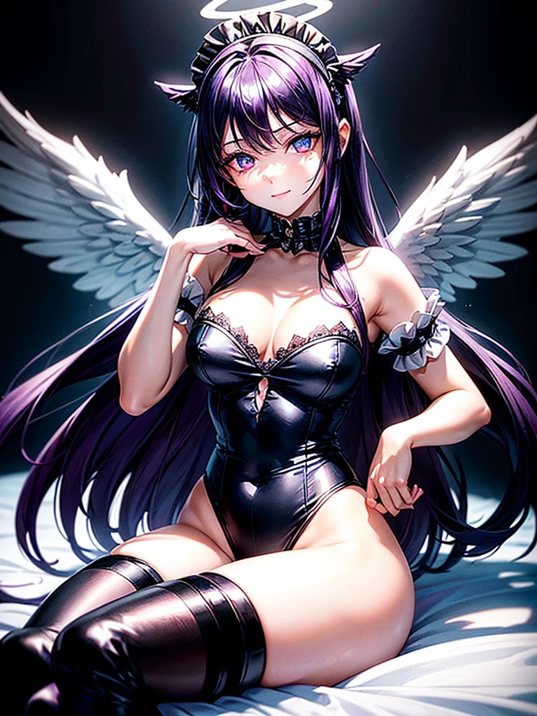 Highest quality,Highest Resolution,(((A beautiful girl with blue eyes, black hair and white angel wings on her back in a maid leotard)))and(((A beautiful girl with red eyes, purple hair, and black angel wings on her back in a gothic lolita leotard)))are sitting face to face,kiss,saliva,(((Halo))),smile,Frills,Knee-high stockings,Camera from a distance,