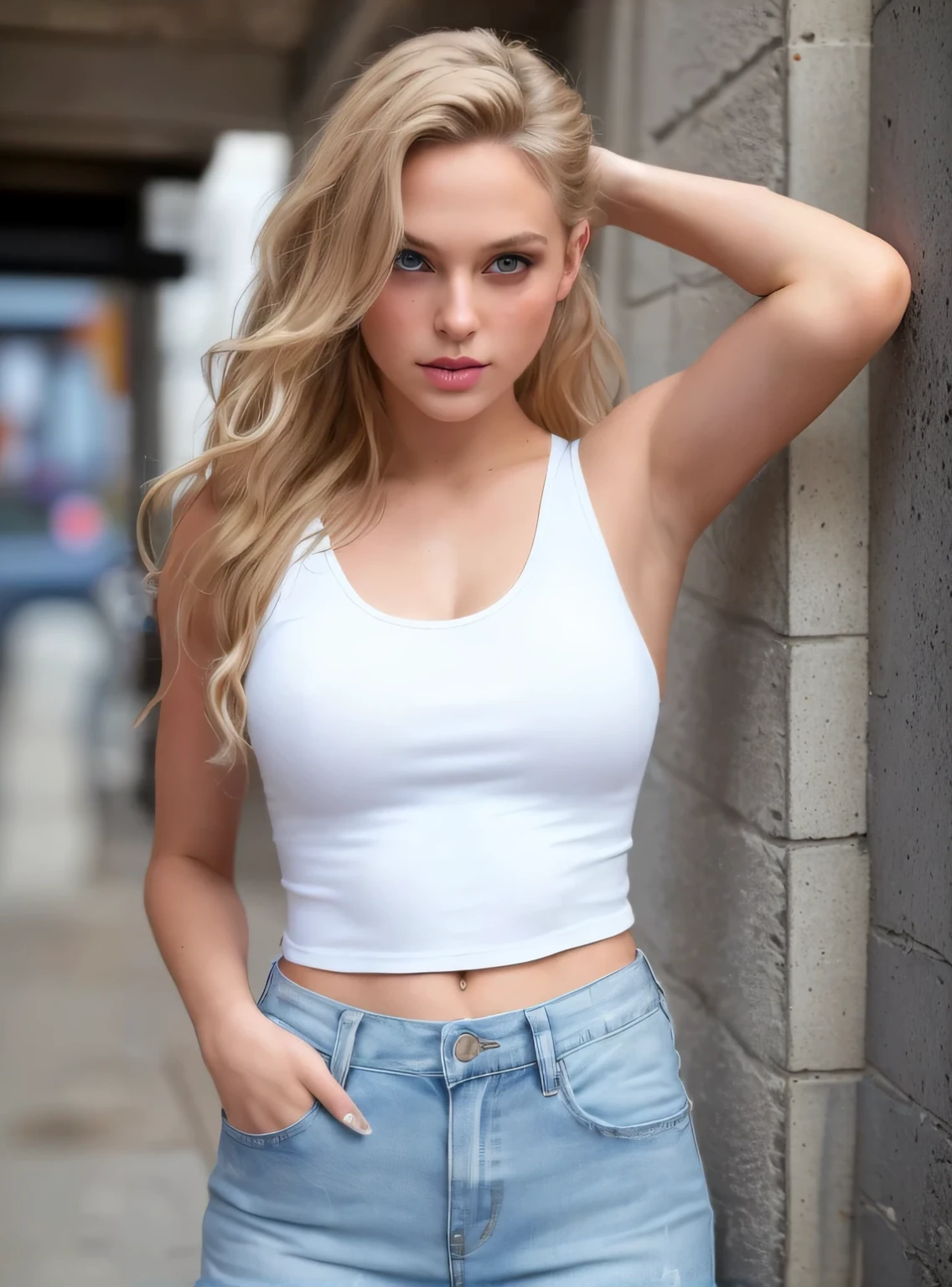 girl standing in street next to a concrete wall