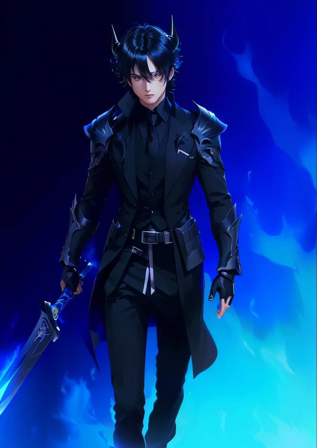 anime man in black suit holding a sword, black hair, blue eyes, horns, blue fire in the background