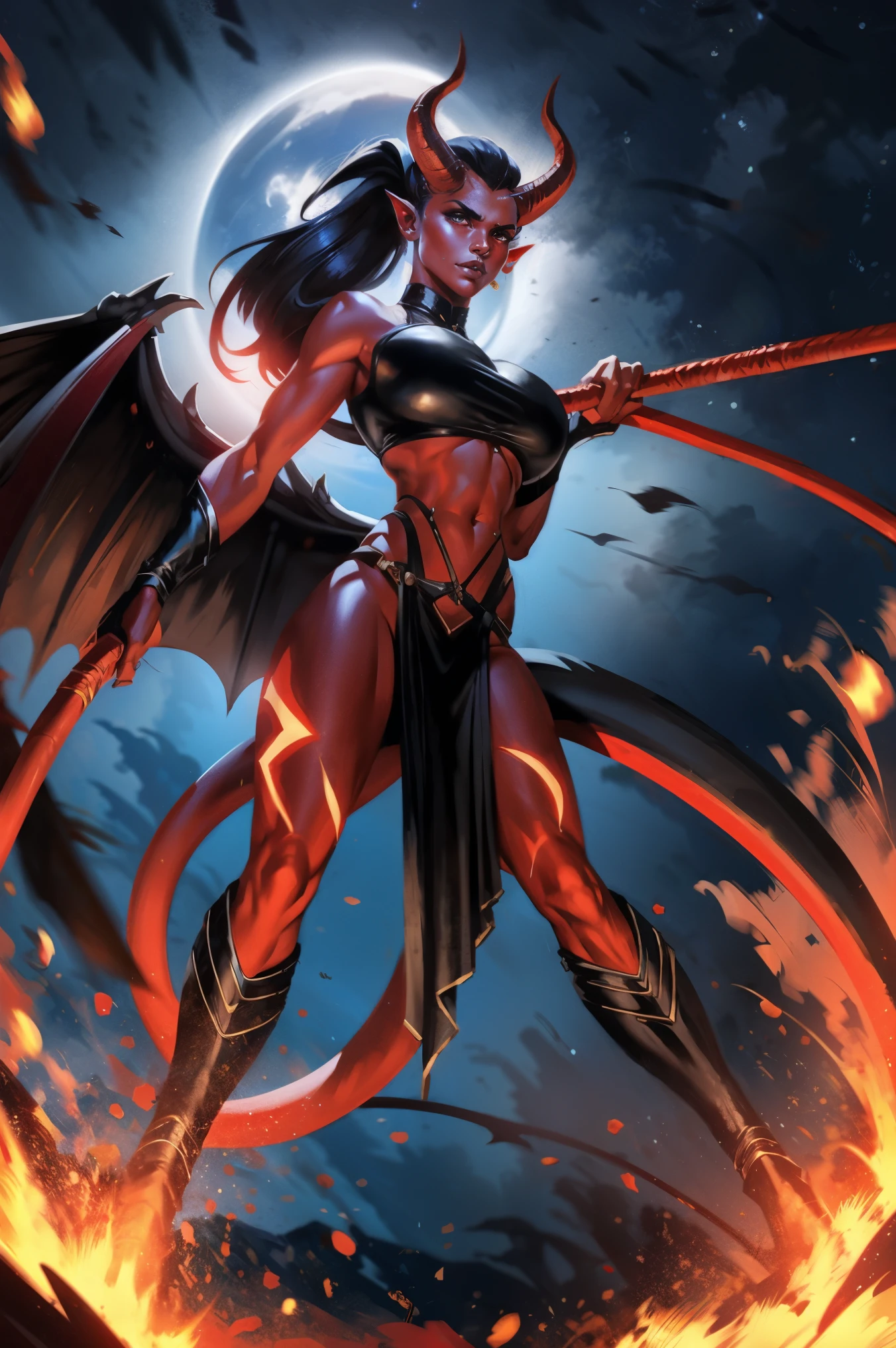 Red skin succubus tiefling, digitigrade legs, medium breasts, black horns, wings, huge tail, black leather, crop top, long flowing pelvic curtain, tall, toned, graceful, thin, long black ponytail. Action scene, whip. Dark scene, explosions, night sky.