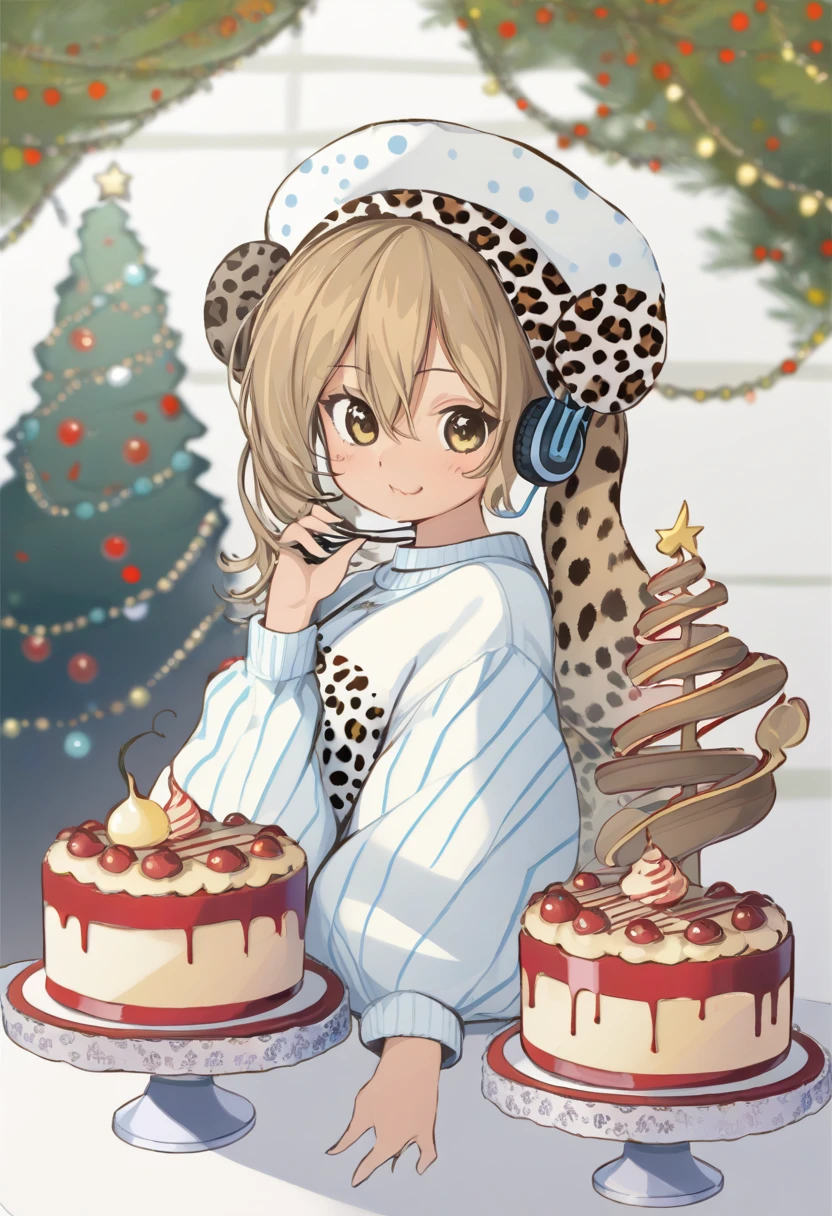 curvy women, orenji, cake, gyaru, fur hat, tree, detached sleeves, white sweater, hair bun, medium hair, striped shirt, headphones, multiple girls, leopard print, hair behind ear