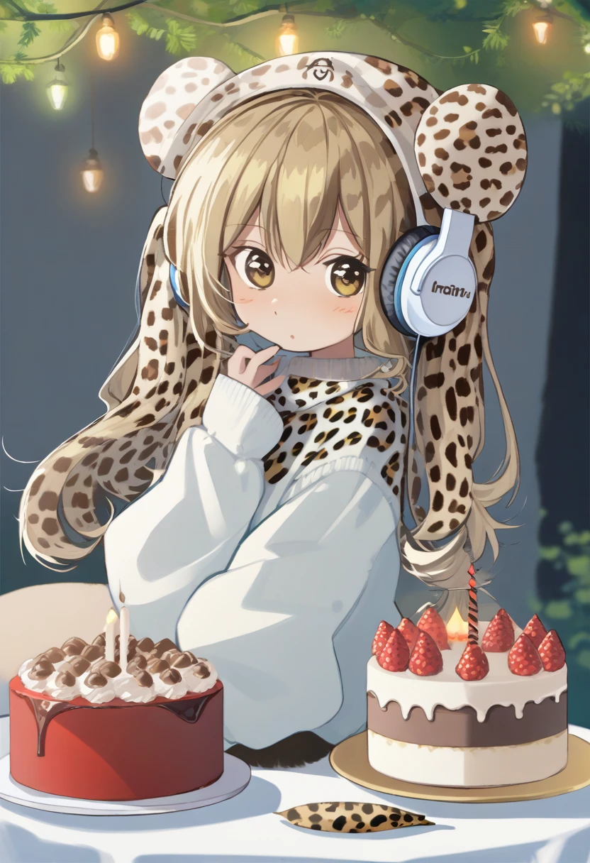 curvy women, orenji, cake, gyaru, fur hat, tree, detached sleeves, white sweater, hair bun, medium hair, striped shirt, headphones, multiple girls, leopard print, hair behind ear