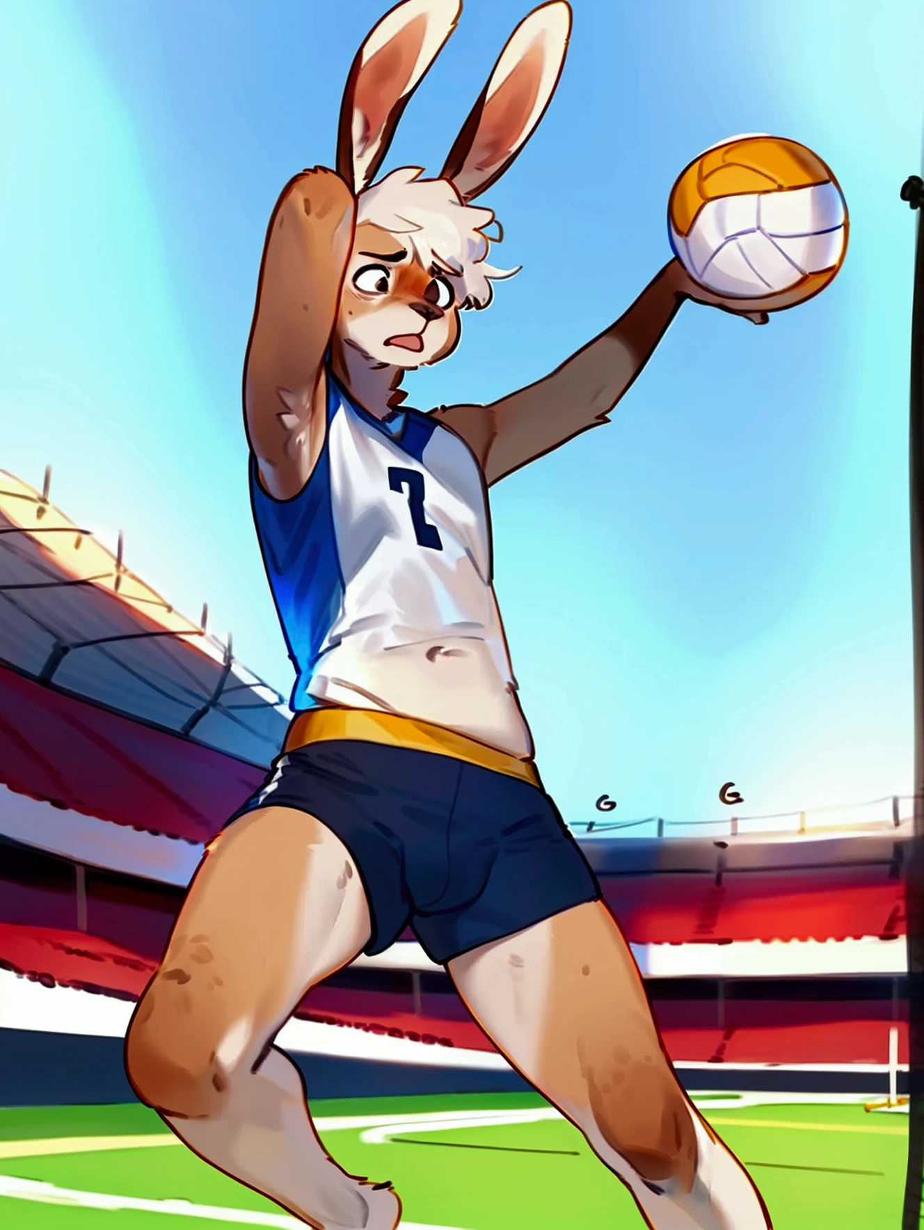 By bebebebebe, by lostgoose, by goonie-san, furry, male, bunny, frustrated, angry, small, brown eyes, fit, slim, white fur, curly white hair, jersey, shorts, volleyball, stadium background, jumping, right arm behind head, left arm pointing up, legs bent, facing camera