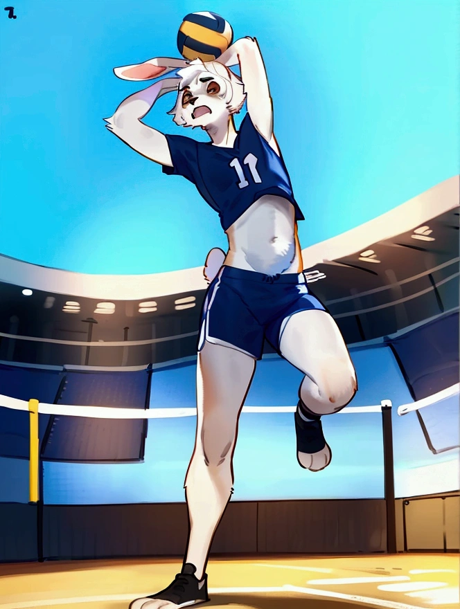 By bebebebebe, by lostgoose, by goonie-san, furry, male, bunny, frustrated, angry, small, brown eyes, fit, slim, white fur, curly white hair, jersey, shorts, volleyball, stadium background, jumping, right arm behind head, left arm pointing up, legs bent, facing camera