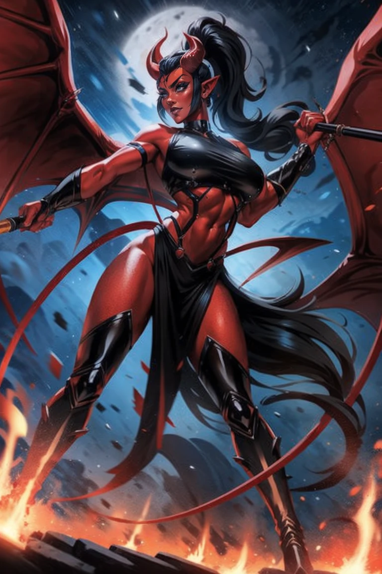 Red skin succubus tiefling, digitigrade legs, medium breasts, black horns, wings, huge tail, black leather, crop top, long flowing pelvic curtain, tall, toned, graceful, thin, long black ponytail. Action scene, whip. Dark scene, explosions, night sky.