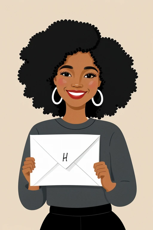 Make an image for a letter, of a black-skinned woman with black curly hair with gray streaks who is waving happily, I want it to be a minimalist caricature 