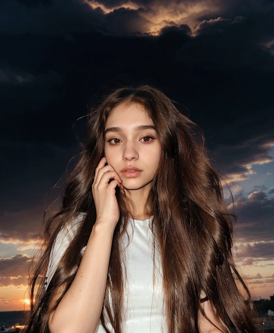 arafed woman de 18 years de edad, with long hair at night, Free hair. evening, with long hair, Woman with brown hair, long and shiny hair, ☁🌪🌙👩🏾, she looks like a mix of grimes, leaked image, very very high quality image, with sunset, 18 years