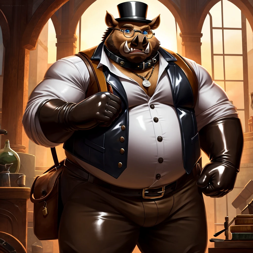Solo, Male, fat, extremely obese, gentleman, dapper Professor Boar, blue eyes, (posing:1.3), (soft shading), 4k, hi res, ((detailed face, detailed)), looking at viewer, mouth wide open, steampunk, collared shirt with buttons, top hat, male focus, Explorer Outfit, glasses, monocle, bag, vest with buttons, backpack, sleeves rolled up, round eyewear, brown headwear, brown vest, Boar is wearing a glossy leather dog collar around the neck, Boar is wearing the leather collar and shirt and vest at the same time, Boar is wearing glossy white rubber gloves on the hands, wearing white rubber gloves on the feet, gloves are rubber in texture, clenching teeth, clenching fists, leather collar is glossy and shiny with a lot of detail, Boar is wearing gloves and leather collar at the same time, leather collar has a round dog-tag, leather collar is thick and detailed.