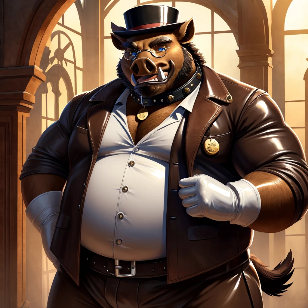 Solo, Male, fat, extremely obese, gentleman, dapper Professor Boar, blue eyes, (posing:1.3), (soft shading), 4k, hi res, ((detailed face, detailed)), looking at viewer, mouth wide open, steampunk, collared shirt with buttons, top hat, male focus, Explorer Outfit, glasses, monocle, bag, vest with buttons, backpack, sleeves rolled up, round eyewear, brown headwear, brown vest, Boar is wearing a glossy leather dog collar around the neck, Boar is wearing the leather collar and shirt and vest at the same time, Boar is wearing glossy white rubber gloves on the hands, wearing white rubber gloves on the feet, gloves are rubber in texture, clenching teeth, clenching fists, leather collar is glossy and shiny with a lot of detail, Boar is wearing gloves and leather collar at the same time, leather collar has a round dog-tag, leather collar is thick and detailed.