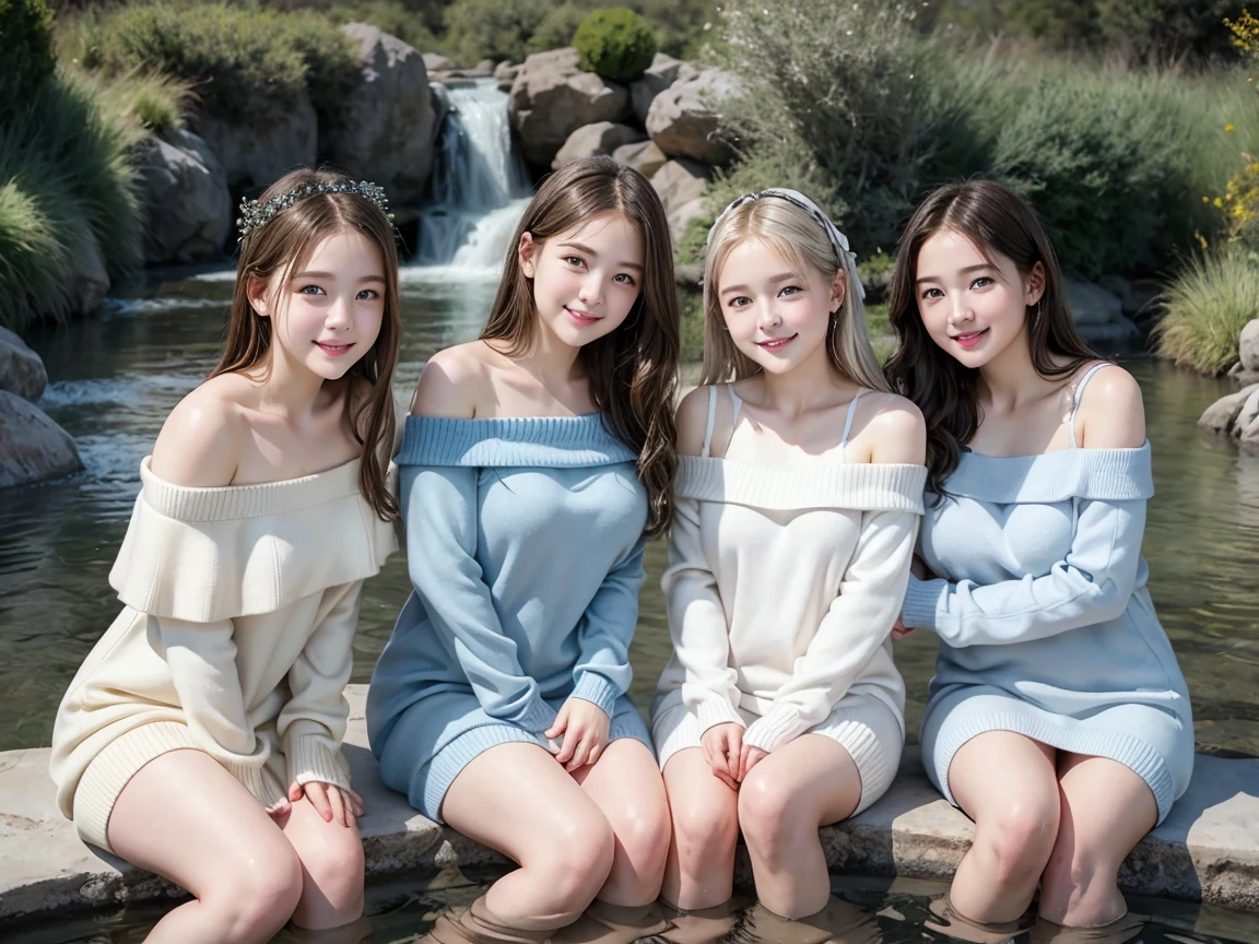 (3 girls), young faceอินโดนีเซีย, 12 years,smile,silver hair, white skin, Round breast, blue eyes,((Off-the-shoulder sweater dress)) Masterpiece, Highest quality, 8K, beautiful girl, young face、 photography, Cute face, thigh,sitting in the stream, Embarrassing、รอยsmile、((((((อายุ 12 years))))))、small waist、 Plump breasts (((big breasts:1.0)))