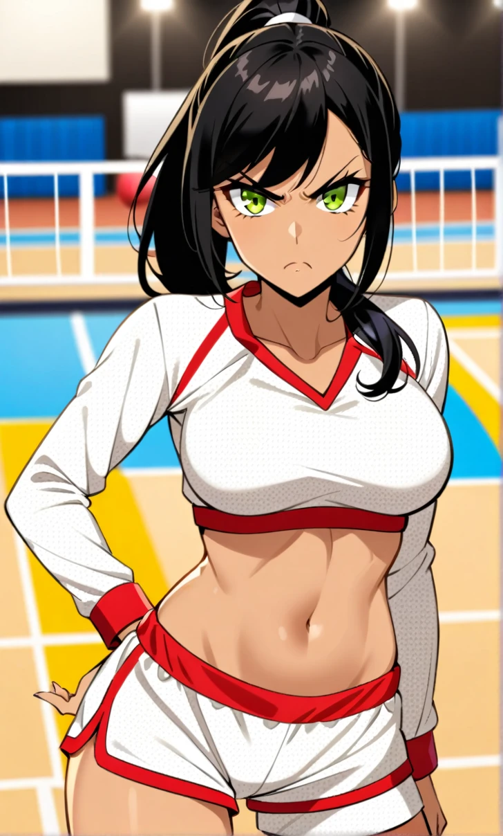 Woman, Athletic and toned body, light skin tone, long black hair tied in a ponytail, green eyes with a penetrating and seductive look, breasts big, exciting look, white bear pajamas, short shorts and a top showing off a defined tummy, she is on a volleyball court, angry pose