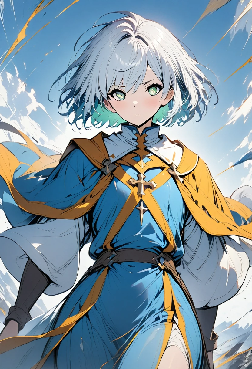 1boy, cleric , white short hair , blue clothes