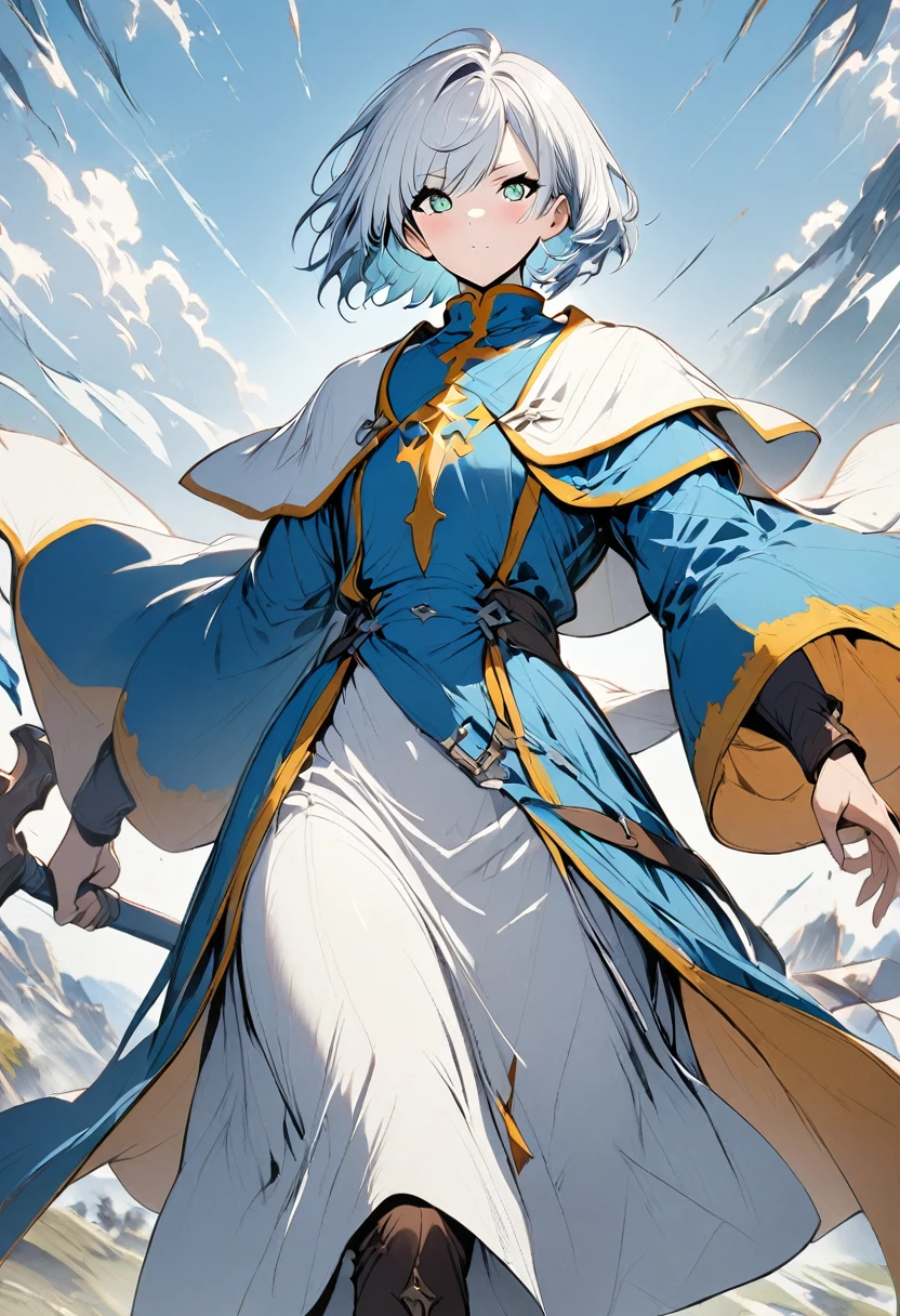 1boy, cleric , white short hair , blue clothes