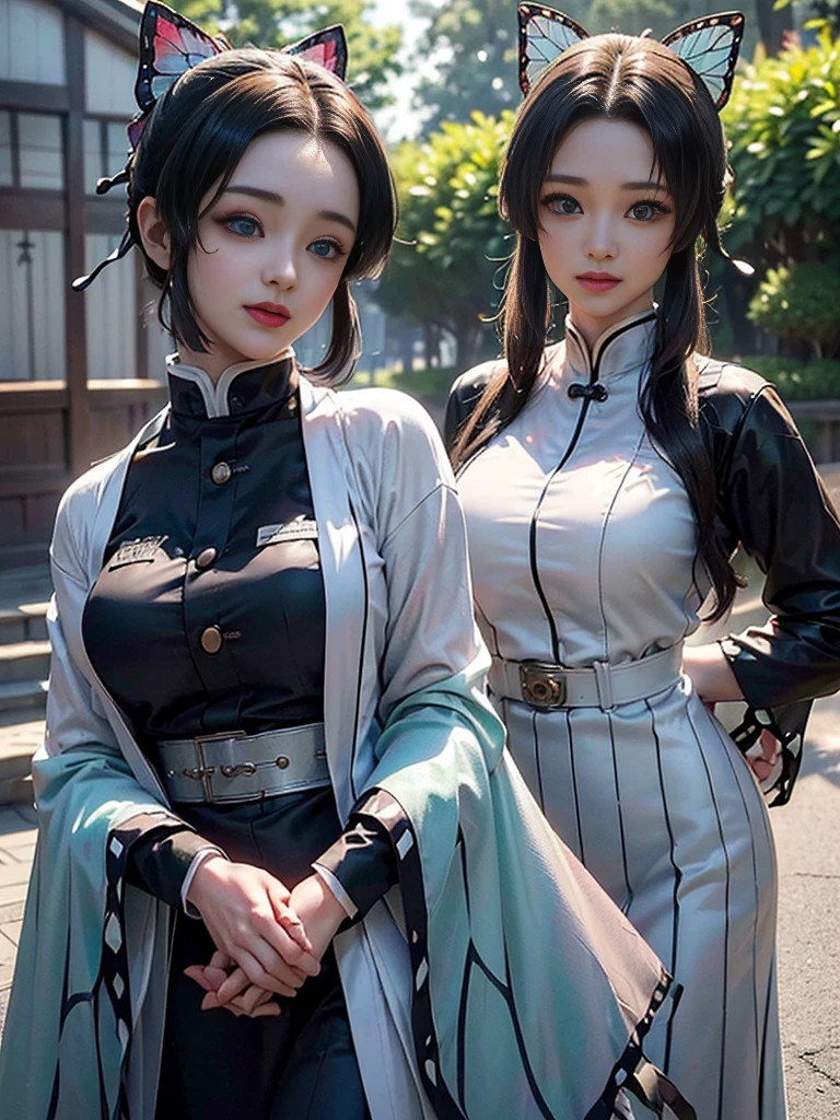 Tolerate, Demon slayer, Shinobu Kocho, anime, 22 years old, ((Butterfly themed costume, A black haori coat with a butterfly pattern, Brown full-body military uniform)), ((Tolerateコスプレ)), ((A very cute caucasian 22 years old mom cosplaying shinobu), ((Blur the background)), 1 person、girl, Wide range photograph撮影, Wide range, (beautiful girl), Long and beautiful face, Clear Face, Realistic Face, True Face, Absolute reality, ((Hot body)), ((Demon slayer dress)), ((Demon slayer)), ((Tolerateドレス)), ((Cosplay Dresses)), Huge , Covered, (((Realistic))), ((Dress neatly)), waist curve pose, surface side, (8K, RAWphotograph, Highest quality, masterpiece), (Realistic, Realistic: 1.9), ((Full Body Shot)), Stylish pose, ((Highly detailed skin: 1.2)), ((Realistic: 1.9)), photograph, masterpieces, Highest quality, (Beautiful Blue Eyes, Gorgeous pale gray black curly hair, White skin, Thick body, Coarse hairs on lower abdomen, perfect slim figure), Various poses, Highly detailed face, Fine grain, Many people are looking at her with excitement., (((close))), Light of the sun, Cinematic, ((photograph撮影)), photograph